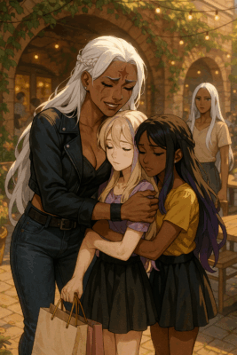 Reunion in a Sunlit Café Courtyard