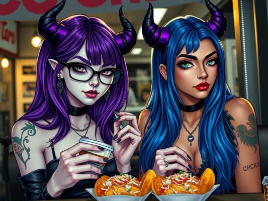 sexy goth twin demon women, one with purple and blue hair wearing glasses with pale skin and purple eyes, one with blue and purple hair with tan skin, eating at a taco stand__