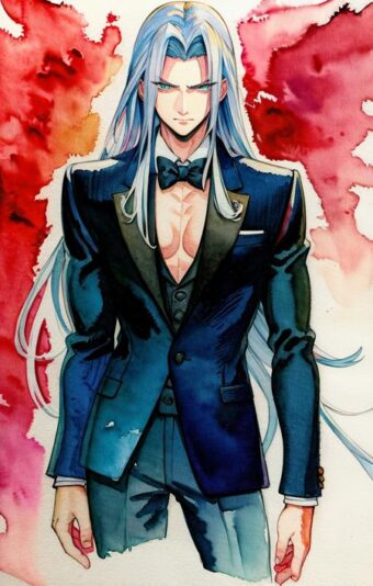 36737-1182854433-highres, detailed, (traditional media), (watercolor), muscular male, (tuxedo_1.2), sephiroth [final fantasy], male focus, focuse