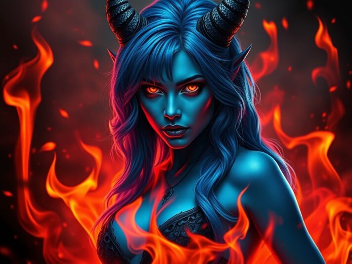 fantasy sexy demon with blue hair and blue skin, surrounded by red fire