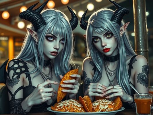 sexy goth twin demon women, one silver hair with pale skin and purple eyes, one with gray hair with fair skin and silver eyes, eating at a taco stand__