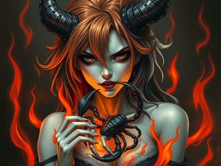 _demon woman with orange, black and white hair, pale skin, black eyes, holding a scorpion, surrounded by red flames