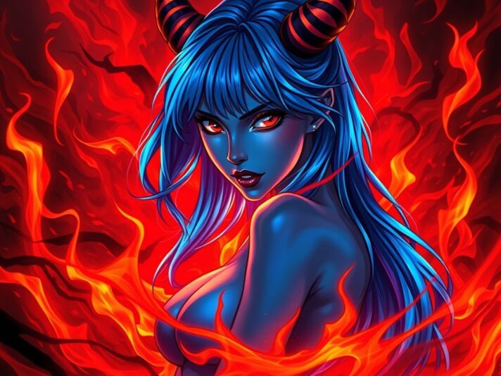 anime lust demon woman with blue hair and blue skin, surrounded by red fire