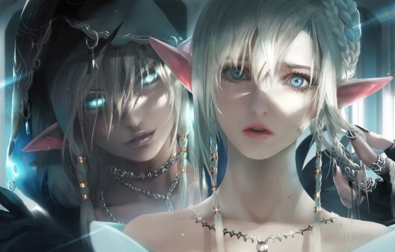 sakimichan-artist-elf-girl-face-white-hair-blonde-platinum-b