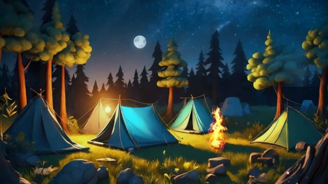 ai-generative-a-camp-site-with-tents-and-fire-in-the-night-free-video