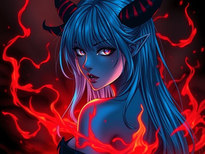 anime sexy demon woman with blue hair and blue skin, surrounded by red fire