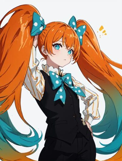 autumn.1girl, titan, very long hair, shirt, vest, twintails, polka dot bow, orange gradient hair