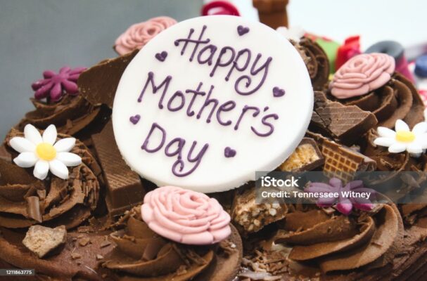 Happy Mother's Day cake with chocolate and marzipan icing